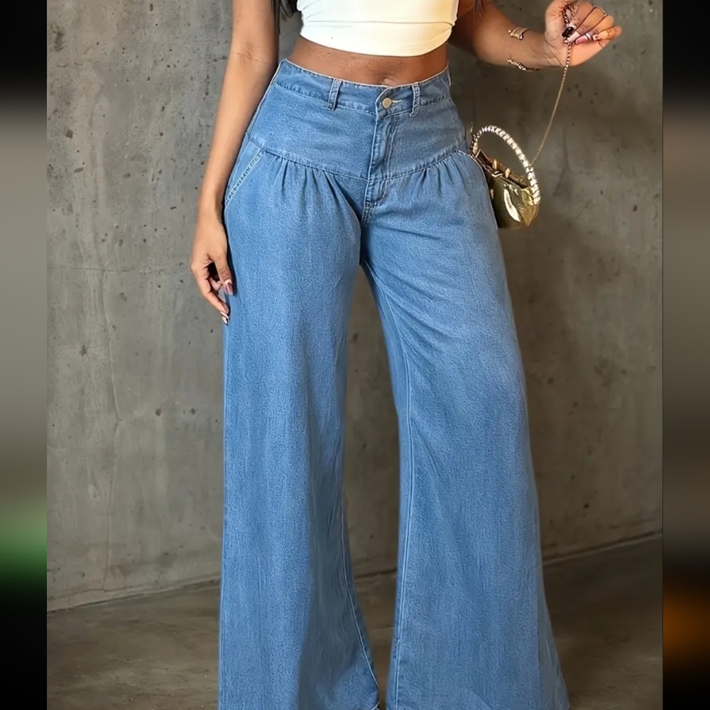 High style gathered yoke wide leg jeans with pockets - Picture 4 of 9